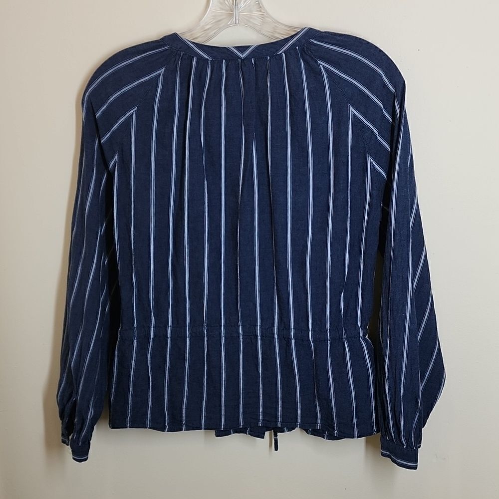 JCREW Linen Blend Denim Top Full Button Front Cinching Waist Contrasting Stripes - Picture 11 of 15